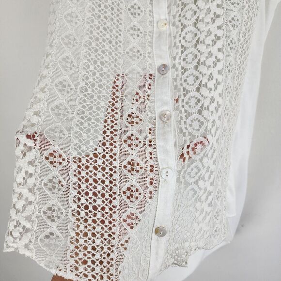 Cream Lace High-Low Top Sleeveless Button Up Sheer Blouse Small - Picture 7 of 13